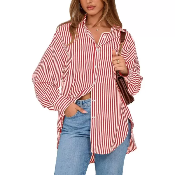 imageBTFBM Womens Button Down Shirts 2024 Fall Outfits Striped Collar Long Sleeve Casual Office Work Blouses Tops with PocketRed