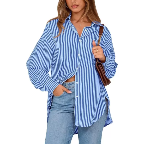 imageBTFBM Womens Button Down Shirts 2024 Fall Outfits Striped Collar Long Sleeve Casual Office Work Blouses Tops with PocketSky Blue