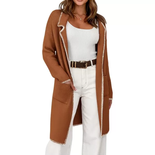 imageBTFBM Womens Open Front Cardigan Lapel Coatigan Lady 2024 Fall Winter Jacket Outwear Long Sweater Blazer with PocketsCaramel