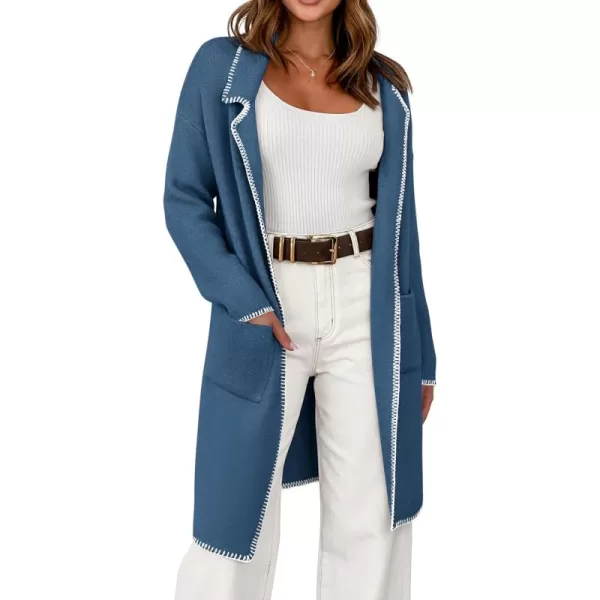 imageBTFBM Womens Open Front Cardigan Lapel Coatigan Lady 2024 Fall Winter Jacket Outwear Long Sweater Blazer with PocketsGrey Blue