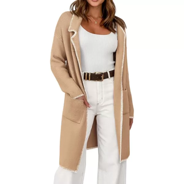 imageBTFBM Womens Open Front Cardigan Lapel Coatigan Lady 2024 Fall Winter Jacket Outwear Long Sweater Blazer with PocketsKhaki