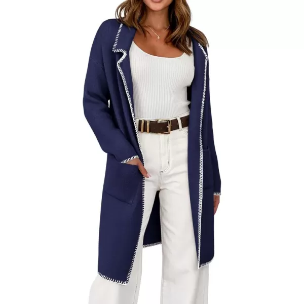 imageBTFBM Womens Open Front Cardigan Lapel Coatigan Lady 2024 Fall Winter Jacket Outwear Long Sweater Blazer with PocketsNavy