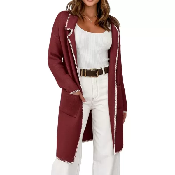 imageBTFBM Womens Open Front Cardigan Lapel Coatigan Lady 2024 Fall Winter Jacket Outwear Long Sweater Blazer with PocketsWine Red