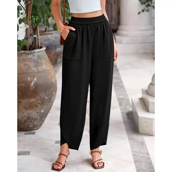 imageBTFBM Womens Wide Leg Palazzo Harem Pants Fall Casual Loose Pockets Solid Elastic Waist Baggy Travel Lounge Pants 2024Black