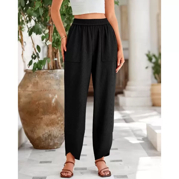 imageBTFBM Womens Wide Leg Palazzo Harem Pants Fall Casual Loose Pockets Solid Elastic Waist Baggy Travel Lounge Pants 2024Black