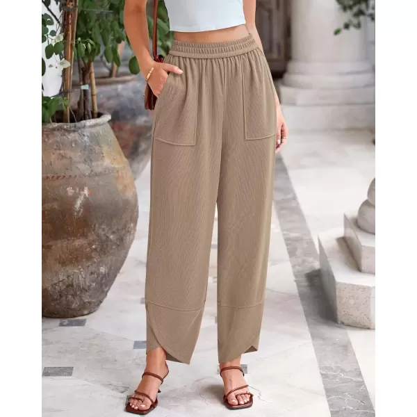 imageBTFBM Womens Wide Leg Palazzo Harem Pants Fall Casual Loose Pockets Solid Elastic Waist Baggy Travel Lounge Pants 2024Khaki