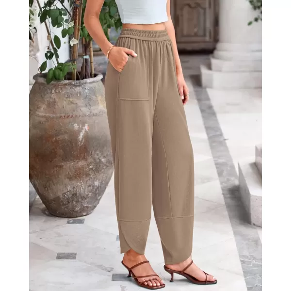 imageBTFBM Womens Wide Leg Palazzo Harem Pants Fall Casual Loose Pockets Solid Elastic Waist Baggy Travel Lounge Pants 2024Khaki