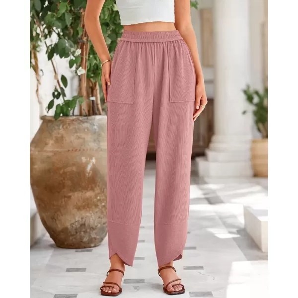 imageBTFBM Womens Wide Leg Palazzo Harem Pants Fall Casual Loose Pockets Solid Elastic Waist Baggy Travel Lounge Pants 2024Pink