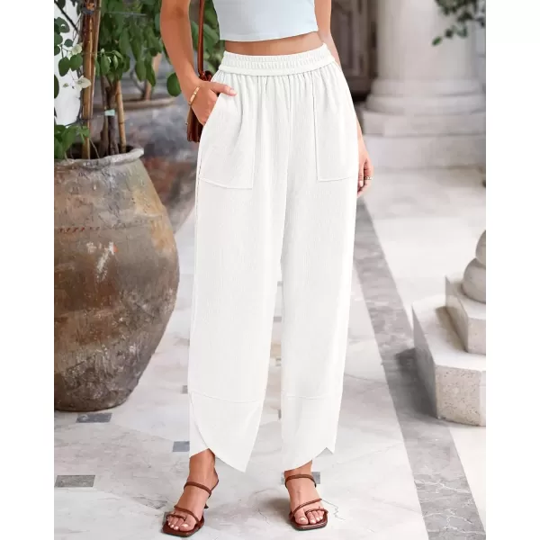 imageBTFBM Womens Wide Leg Palazzo Harem Pants Fall Casual Loose Pockets Solid Elastic Waist Baggy Travel Lounge Pants 2024White