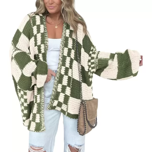 imageBTFBM Casual Womens Open Front Long Sleeve Chunky Knit Cardigan Sweater Checkered Knit Cardigan Sweaters CoatArmy Green