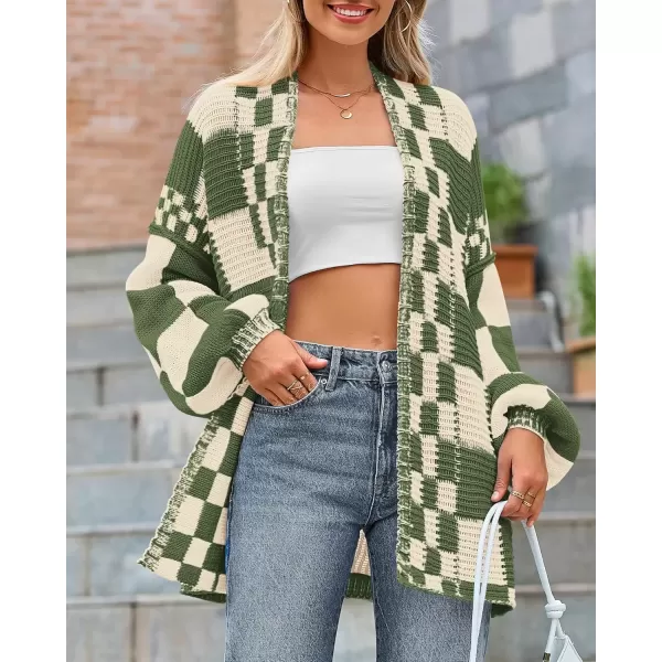 imageBTFBM Casual Womens Open Front Long Sleeve Chunky Knit Cardigan Sweater Checkered Knit Cardigan Sweaters CoatArmy Green