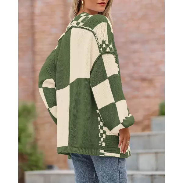 imageBTFBM Casual Womens Open Front Long Sleeve Chunky Knit Cardigan Sweater Checkered Knit Cardigan Sweaters CoatArmy Green