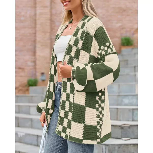 imageBTFBM Casual Womens Open Front Long Sleeve Chunky Knit Cardigan Sweater Checkered Knit Cardigan Sweaters CoatArmy Green