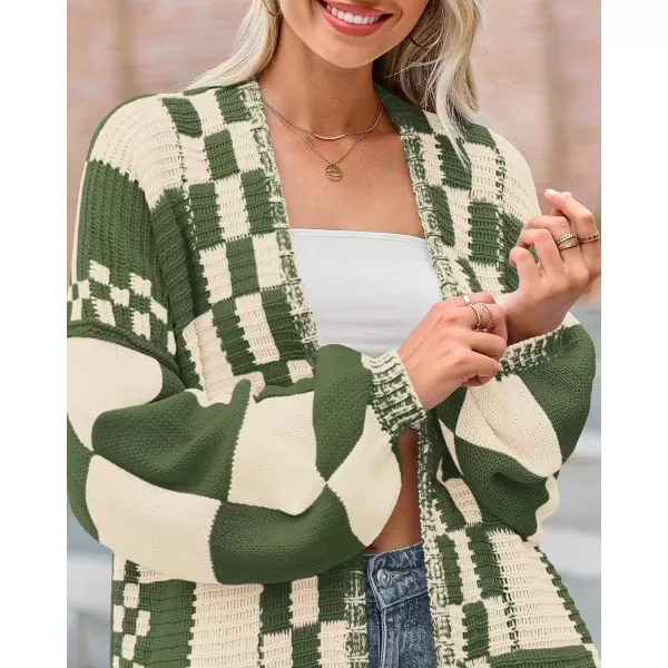 imageBTFBM Casual Womens Open Front Long Sleeve Chunky Knit Cardigan Sweater Checkered Knit Cardigan Sweaters CoatArmy Green