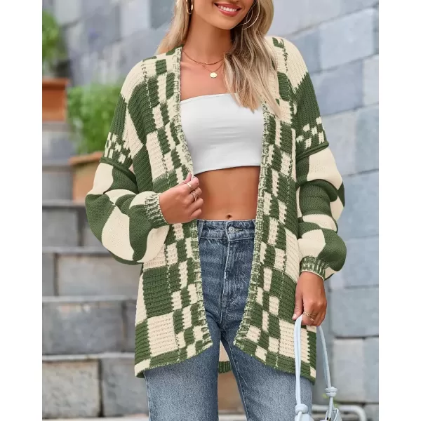 imageBTFBM Casual Womens Open Front Long Sleeve Chunky Knit Cardigan Sweater Checkered Knit Cardigan Sweaters CoatArmy Green