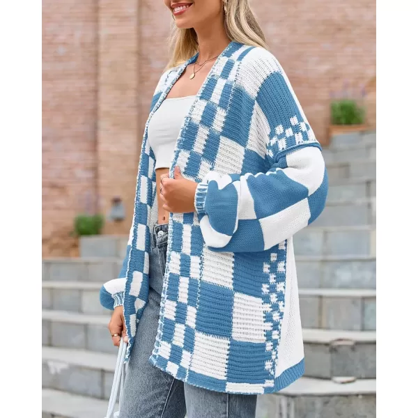 imageBTFBM Casual Womens Open Front Long Sleeve Chunky Knit Cardigan Sweater Checkered Knit Cardigan Sweaters CoatGrey Blue