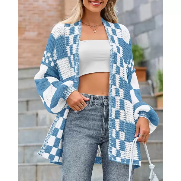 imageBTFBM Casual Womens Open Front Long Sleeve Chunky Knit Cardigan Sweater Checkered Knit Cardigan Sweaters CoatGrey Blue