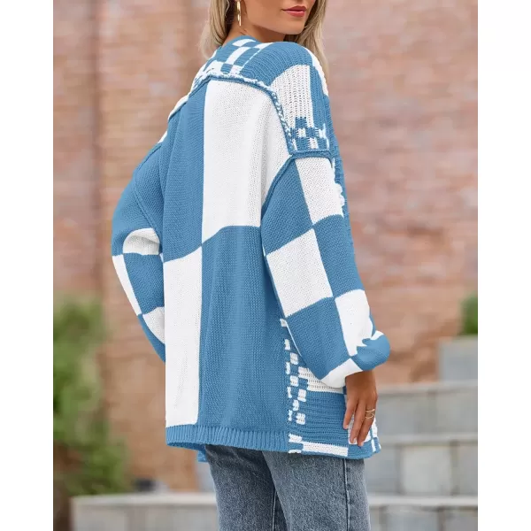 imageBTFBM Casual Womens Open Front Long Sleeve Chunky Knit Cardigan Sweater Checkered Knit Cardigan Sweaters CoatGrey Blue
