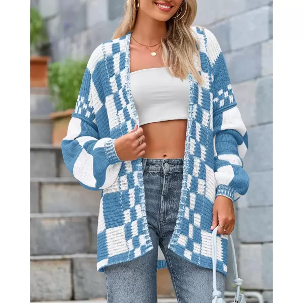imageBTFBM Casual Womens Open Front Long Sleeve Chunky Knit Cardigan Sweater Checkered Knit Cardigan Sweaters CoatGrey Blue
