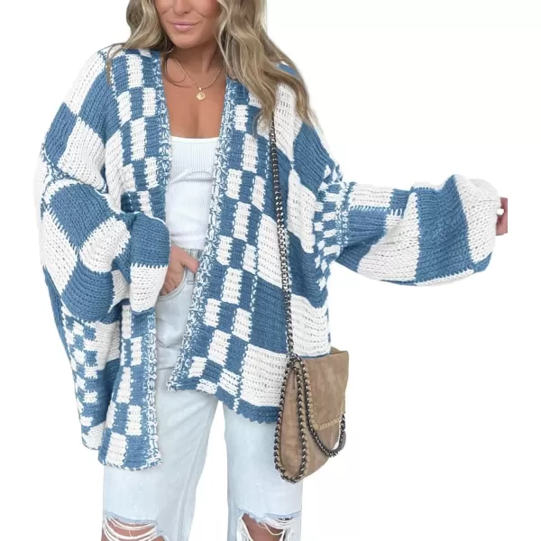 imageBTFBM Casual Womens Open Front Long Sleeve Chunky Knit Cardigan Sweater Checkered Knit Cardigan Sweaters CoatGrey Blue