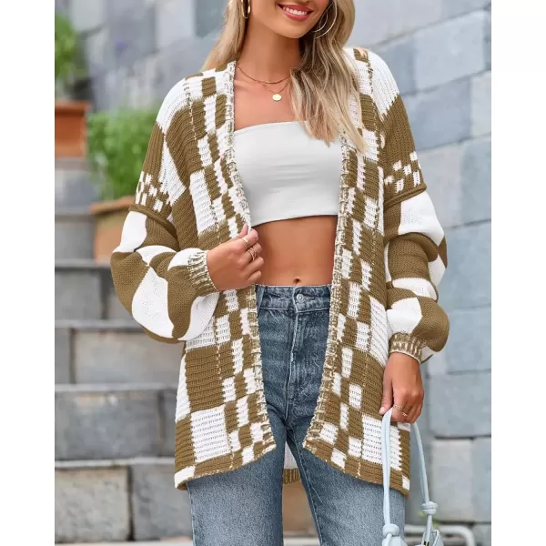 imageBTFBM Casual Womens Open Front Long Sleeve Chunky Knit Cardigan Sweater Checkered Knit Cardigan Sweaters CoatLight Brown