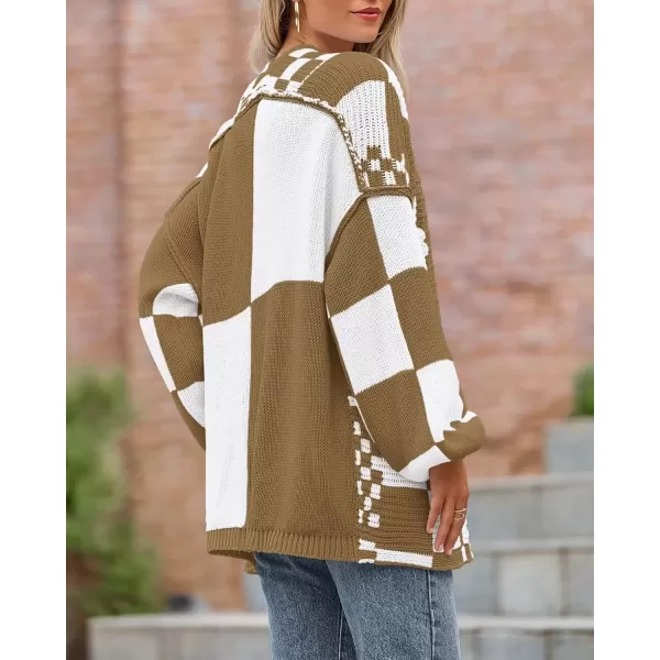 imageBTFBM Casual Womens Open Front Long Sleeve Chunky Knit Cardigan Sweater Checkered Knit Cardigan Sweaters CoatLight Brown