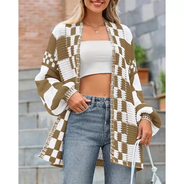 imageBTFBM Casual Womens Open Front Long Sleeve Chunky Knit Cardigan Sweater Checkered Knit Cardigan Sweaters CoatLight Brown