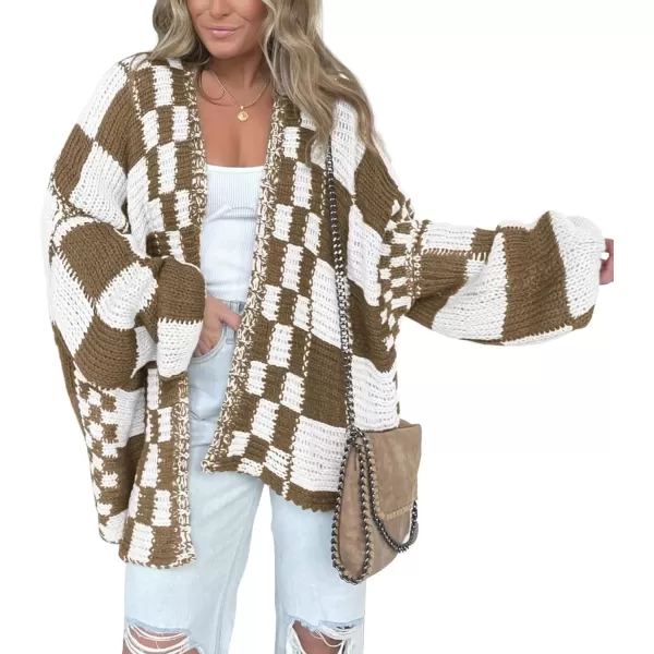 imageBTFBM Casual Womens Open Front Long Sleeve Chunky Knit Cardigan Sweater Checkered Knit Cardigan Sweaters CoatLight Brown