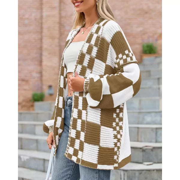 imageBTFBM Casual Womens Open Front Long Sleeve Chunky Knit Cardigan Sweater Checkered Knit Cardigan Sweaters CoatLight Brown