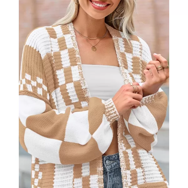 imageBTFBM Casual Womens Open Front Long Sleeve Chunky Knit Cardigan Sweater Checkered Knit Cardigan Sweaters CoatLight Khaki