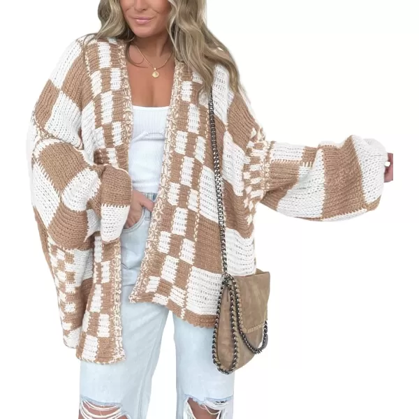 imageBTFBM Casual Womens Open Front Long Sleeve Chunky Knit Cardigan Sweater Checkered Knit Cardigan Sweaters CoatLight Khaki