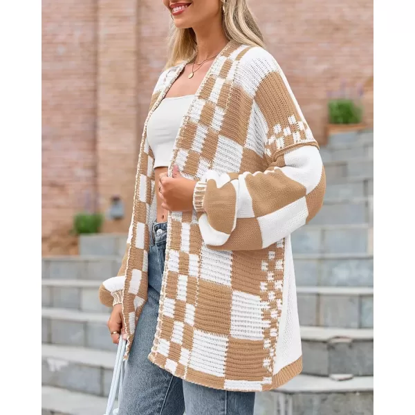 imageBTFBM Casual Womens Open Front Long Sleeve Chunky Knit Cardigan Sweater Checkered Knit Cardigan Sweaters CoatLight Khaki