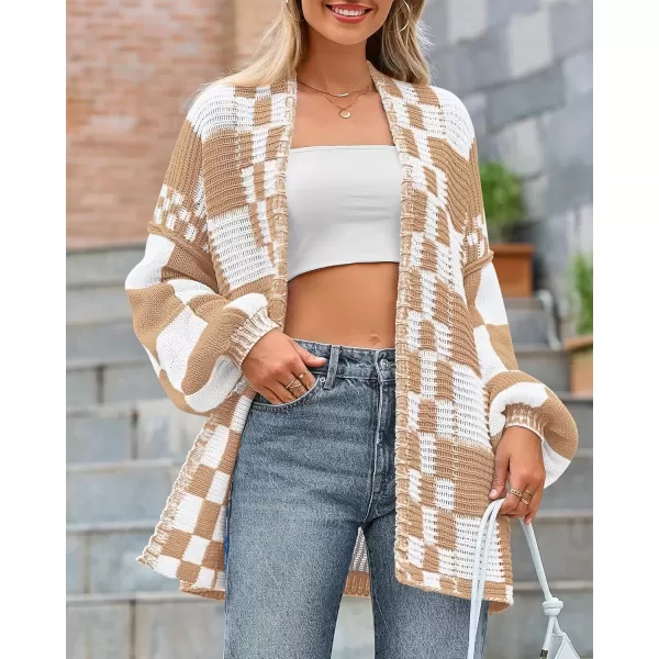 imageBTFBM Casual Womens Open Front Long Sleeve Chunky Knit Cardigan Sweater Checkered Knit Cardigan Sweaters CoatLight Khaki