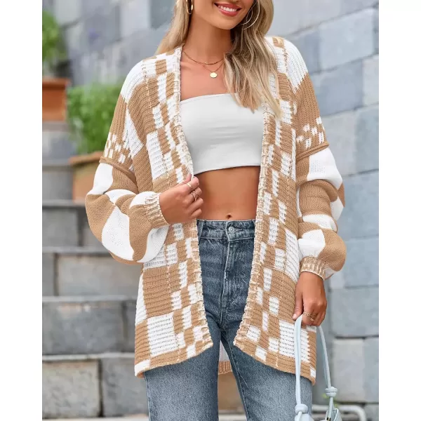 imageBTFBM Casual Womens Open Front Long Sleeve Chunky Knit Cardigan Sweater Checkered Knit Cardigan Sweaters CoatLight Khaki