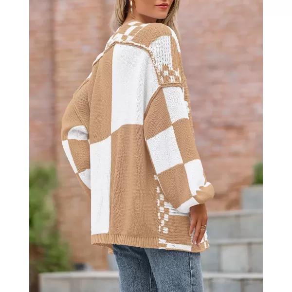 imageBTFBM Casual Womens Open Front Long Sleeve Chunky Knit Cardigan Sweater Checkered Knit Cardigan Sweaters CoatLight Khaki