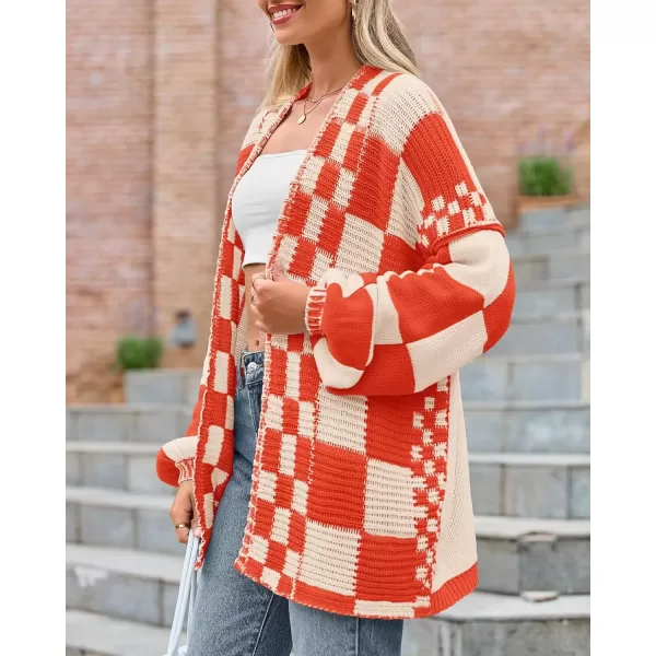 imageBTFBM Casual Womens Open Front Long Sleeve Chunky Knit Cardigan Sweater Checkered Knit Cardigan Sweaters CoatRed