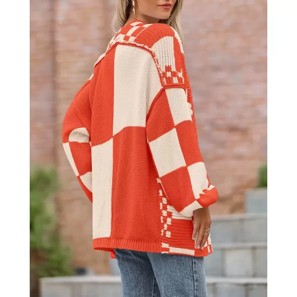 imageBTFBM Casual Womens Open Front Long Sleeve Chunky Knit Cardigan Sweater Checkered Knit Cardigan Sweaters CoatRed