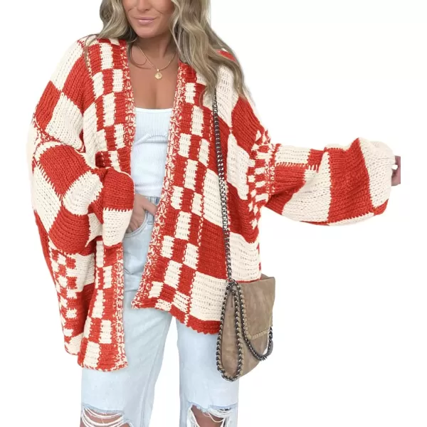 imageBTFBM Casual Womens Open Front Long Sleeve Chunky Knit Cardigan Sweater Checkered Knit Cardigan Sweaters CoatRed