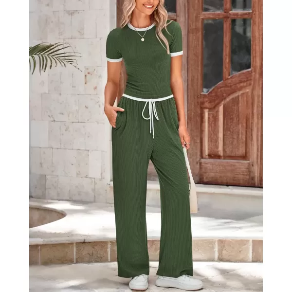 imageBTFBM Womens 2 Piece Outfits Summer Casual Short Sleeve Crew Neck Cropped Tops Elastic Waist Wide Leg Pants Lounge SetArmy Green
