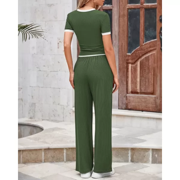 imageBTFBM Womens 2 Piece Outfits Summer Casual Short Sleeve Crew Neck Cropped Tops Elastic Waist Wide Leg Pants Lounge SetArmy Green