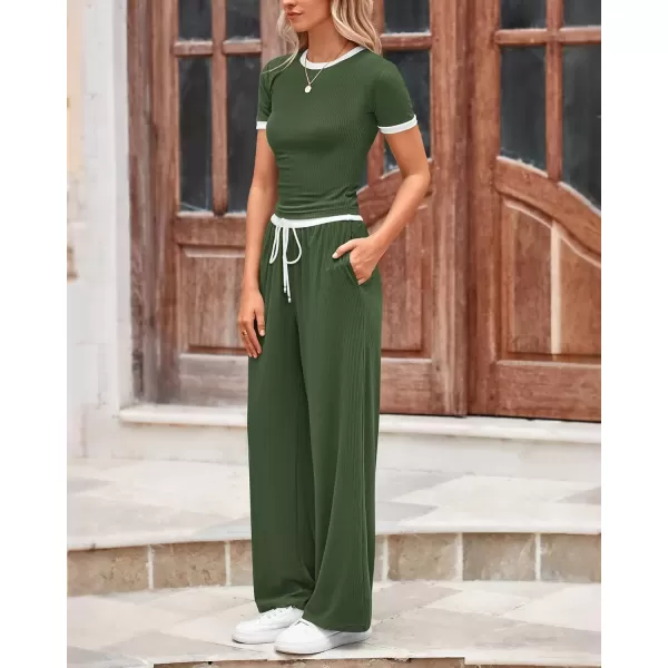 imageBTFBM Womens 2 Piece Outfits Summer Casual Short Sleeve Crew Neck Cropped Tops Elastic Waist Wide Leg Pants Lounge SetArmy Green