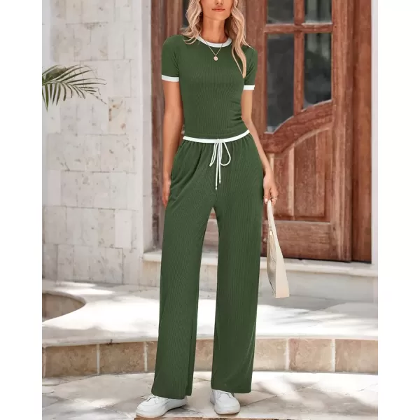 imageBTFBM Womens 2 Piece Outfits Summer Casual Short Sleeve Crew Neck Cropped Tops Elastic Waist Wide Leg Pants Lounge SetArmy Green