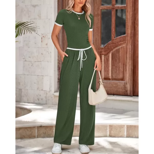 imageBTFBM Womens 2 Piece Outfits Summer Casual Short Sleeve Crew Neck Cropped Tops Elastic Waist Wide Leg Pants Lounge SetArmy Green