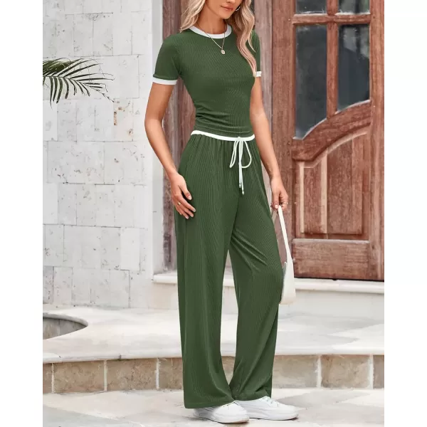 imageBTFBM Womens 2 Piece Outfits Summer Casual Short Sleeve Crew Neck Cropped Tops Elastic Waist Wide Leg Pants Lounge SetArmy Green