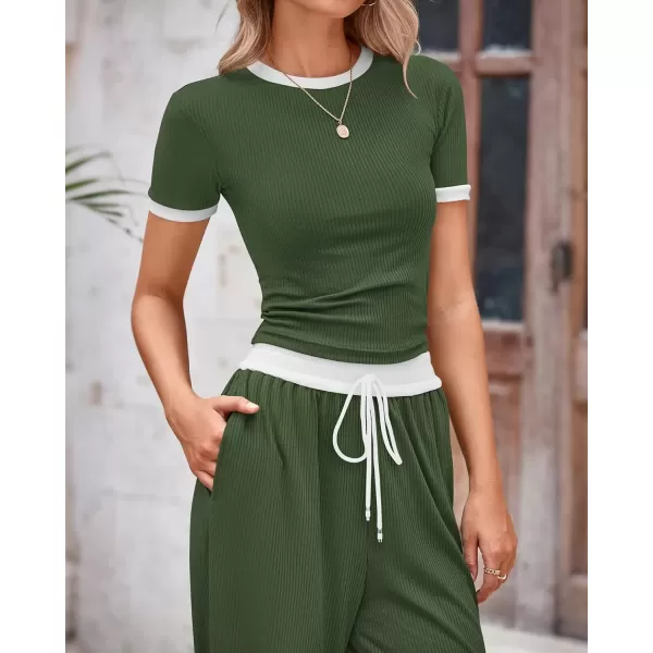 imageBTFBM Womens 2 Piece Outfits Summer Casual Short Sleeve Crew Neck Cropped Tops Elastic Waist Wide Leg Pants Lounge SetArmy Green