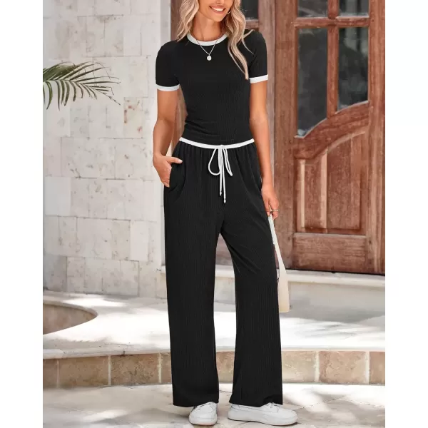 imageBTFBM Womens 2 Piece Outfits Summer Casual Short Sleeve Crew Neck Cropped Tops Elastic Waist Wide Leg Pants Lounge SetBlack