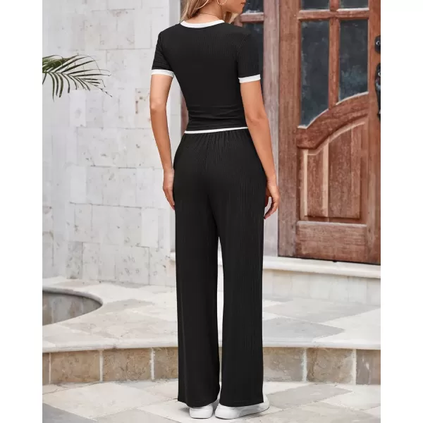 imageBTFBM Womens 2 Piece Outfits Summer Casual Short Sleeve Crew Neck Cropped Tops Elastic Waist Wide Leg Pants Lounge SetBlack