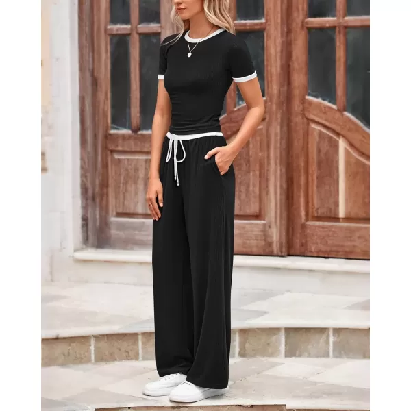 imageBTFBM Womens 2 Piece Outfits Summer Casual Short Sleeve Crew Neck Cropped Tops Elastic Waist Wide Leg Pants Lounge SetBlack