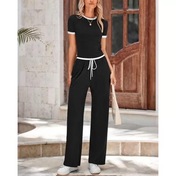 imageBTFBM Womens 2 Piece Outfits Summer Casual Short Sleeve Crew Neck Cropped Tops Elastic Waist Wide Leg Pants Lounge SetBlack