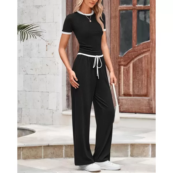 imageBTFBM Womens 2 Piece Outfits Summer Casual Short Sleeve Crew Neck Cropped Tops Elastic Waist Wide Leg Pants Lounge SetBlack